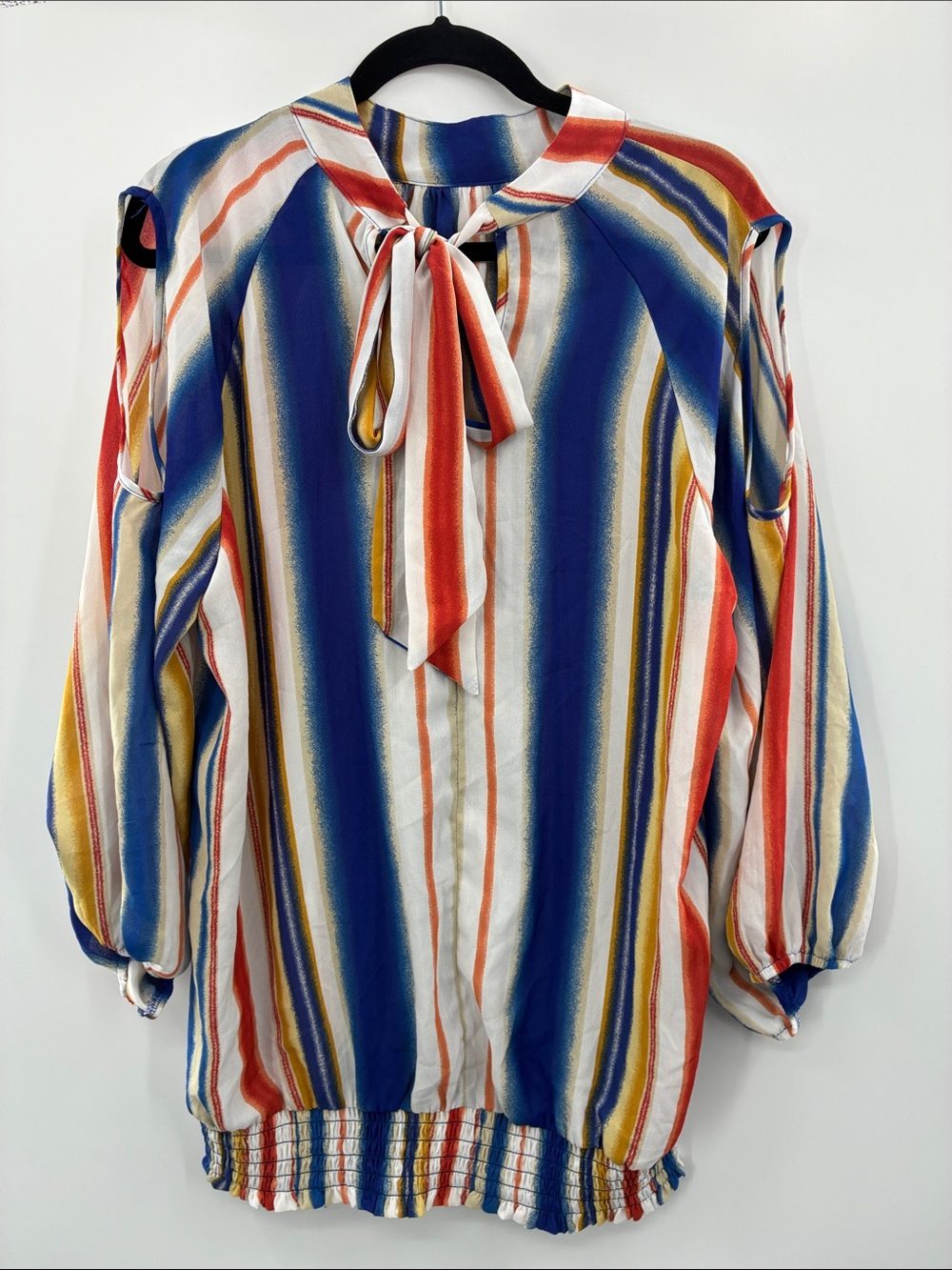Ashley Stewart Multi-Stripe Tie-Neck Blouse in Blue, Red & Yellow size: 14/16W